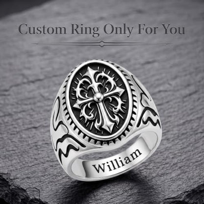 Dacc & Aya Custom Engraved Vintage Signet Ring 925 Sterling Silver Black Oxidized Personalized Statement Jewelry for Men - style: D-Cross