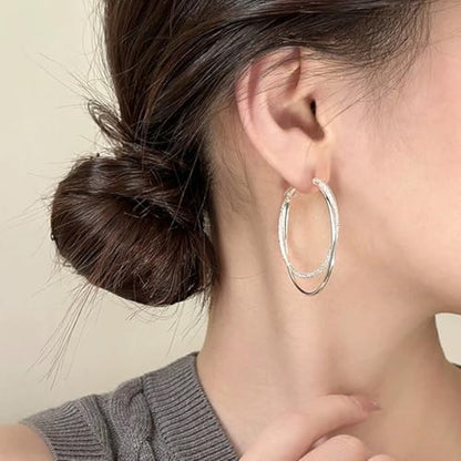 Double Hoop Earrings for Women,925 Sterling Silver Earrings Hoop Post 14K Gold Hoops Non Tarnish Sturdy backless earrings for women,Large Thin Lightweight Hypoallergenic 40mm,Trendy Jewelry Gift - color: Silver