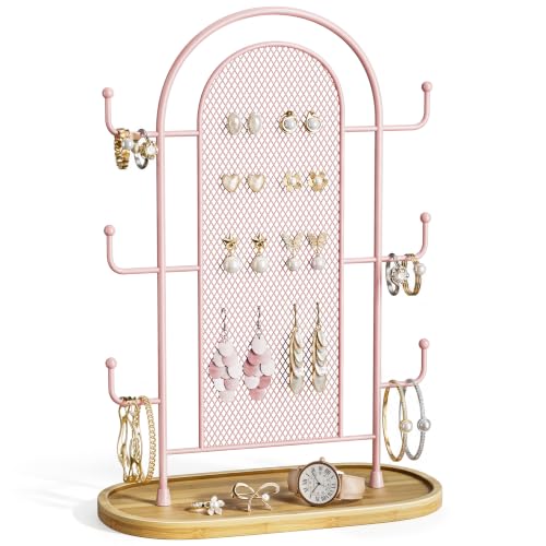 bussdis Jewelry Holder Organizer Earring Display - Earring Storage Tree Stands Towers With 6 Hooks 300 Studs Wood Tray Pink Metal Rack - color: Pink