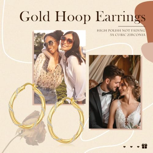 14K Gold Hoop Earrings for Women Thick Large Earrings Lightweight | Gold Plated Huggie Earrings for Women Hypoallergenic (with Gift Box) - color: Spiral CZ-30MM