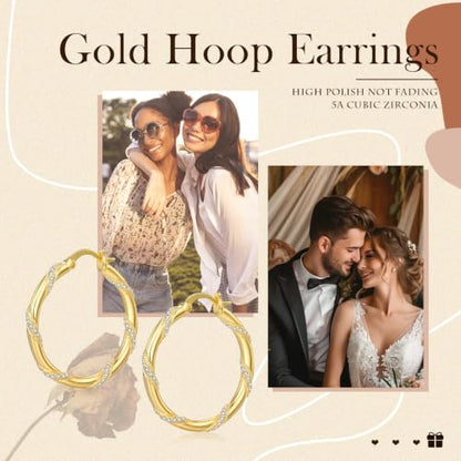 14K Gold Hoop Earrings for Women Thick Large Earrings Lightweight | Gold Plated Huggie Earrings for Women Hypoallergenic (with Gift Box) - color: Spiral CZ-30MM