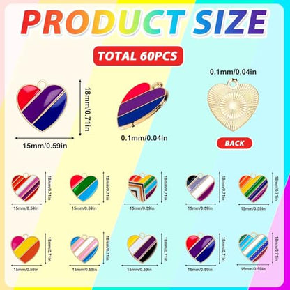 Rainbow Heart Charms, 60Pcs Gay Pride Charms for Jewelry Making | Enamel LGBT Pendants, Earring Necklace Bracelet Making, Lesbian Gay Bisexual Crafting, Pride Month Accessories and Gifts - style: Rainbow Heart Style