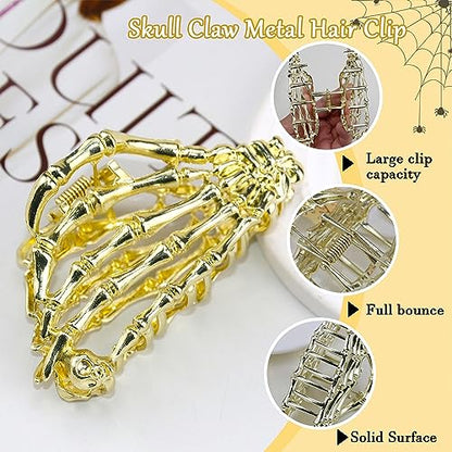 Metal Skull Hand Hair Clip, 1pcs Gold Hair Clip with Skull Design for Thin Hair, Punk Style Hair Accessory, Non-Slip Grip for Daily and Halloween Hairstyle - color: Gold