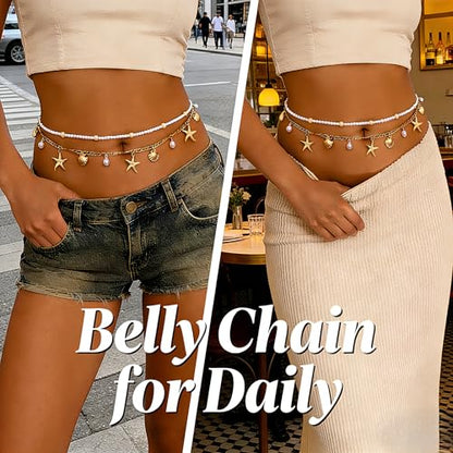 Gold Starfish Waist Beads for Women - Adjustable Layered Waist Chain Bohemian Shell Beaded Bikini Belly Body Chain for Summer Beach Vacation & Boho Accessories - style: Style 1