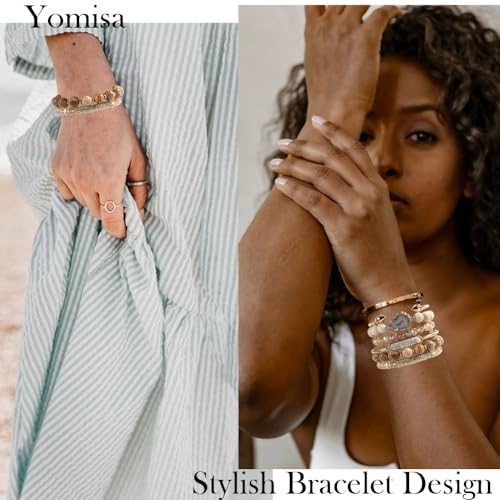 Yomisa 5PCS 6PCS Natural Boho Beaded Bracelets/Bangle for Women Men,Healing Turquoise Jasper Agate Crystal Gemstone Stone Chakra Multilayer Wrap Bohemian Handmade Jewelry Beads Stretch Bracelet Set - color: 6PCS-Caramel