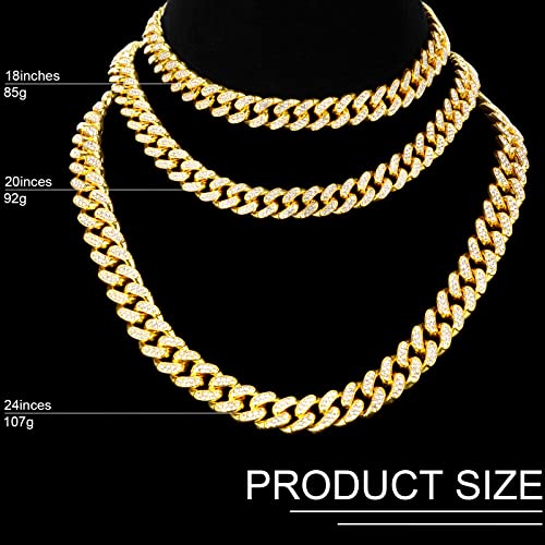 Batiyeer 3 Pcs Cuban Link Chain Necklace Bracelet Rhinestone Hoop Earrings Bling Crystal Hip Hop Jewelry for Women(16 Inch,Gold) - color: Gold, size: 16 Inch
