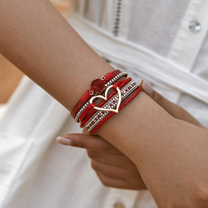 Multilayer Faux Leather Wrap Bracelet with Open Heart Charm Bohemian Stackable Crystal Clasp Bracelet for Women Birthday Gift - color: Red