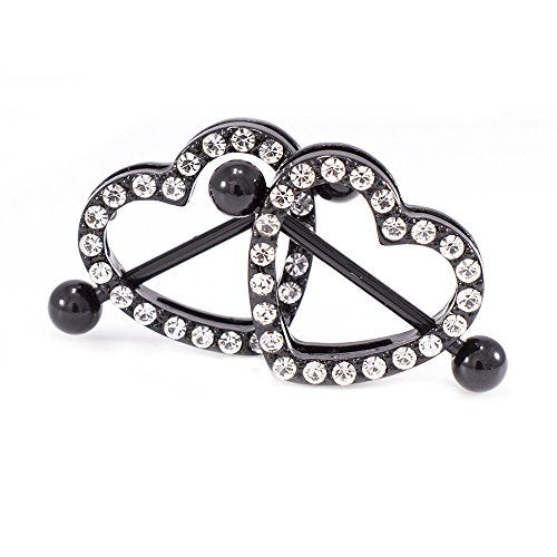 14G Stainless Steel CZ Paved Heart Nipple Rings Nipple Piercing Jewelry for Women 7/8 Inch 22mm - color: Black IP