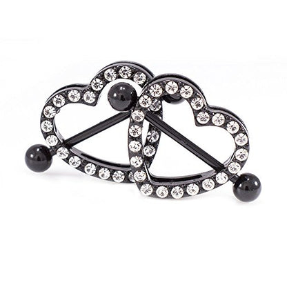 14G Stainless Steel CZ Paved Heart Nipple Rings Nipple Piercing Jewelry for Women 7/8 Inch 22mm - color: Black IP