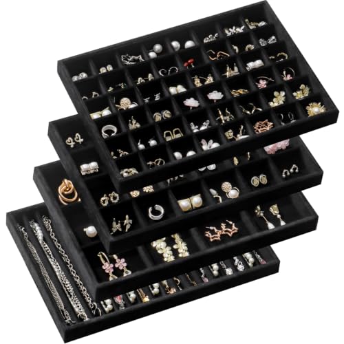 Large Jewelry Drawer Organizer Trays Set of 4, Stackable Velvet Jewelry Trays Organizer Holder Display Storage Showcase for Earring Necklace Bracelet Ring Accessary (Black, 12+17+24+48 Grids) - color: Black, size: 12+17+24+48 Grids