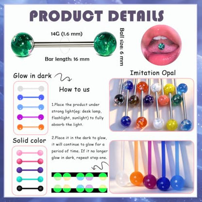 14G Flexible Plastic Tongue Ring Stainless Steel Tongue Barbell | Acrylic Cat's Eye Imitation Opal Glow in Dark Tongue Piercing Jewelry for Women Men 16mm Bar - style: 20PCS