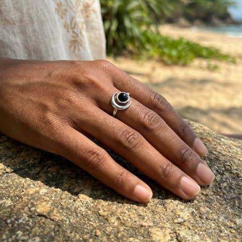 Sun and Moon Ring, Adjustable Natural Stone Rings for Women & Men, Boho Celestial Jewelry for Daily Wear - color: Black Onyx
