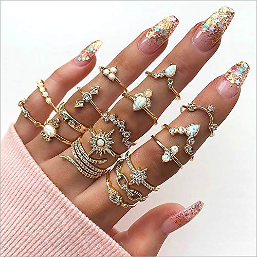 HUJUON 27-34PCS Knuckle Rings Set for Women Stackable Finger Ring Sets Vintage Joint Midi Rings Gold/Silver Star Moon Stacking Rings for Women - style: 27Pcs