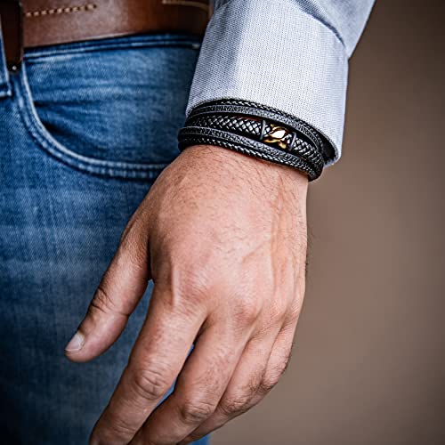 SERASAR Premium Leather Bracelet Men | Stainless Steel Magnetic Clasp | Three Colors | Jewelry Box Included - color: Gold, size: 17cm, style: Flake