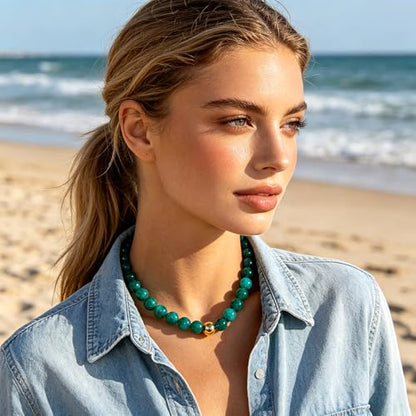 Colorful Chunky Beaded Necklaces for Women Multicolor Large Round Resin Beads Collar Necklace Boho Trendy Statement Chokers Y2K Summer Beach Jewelry - color: Lake Green