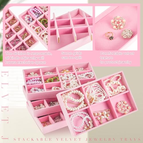 12 Pcs Jewelry Tray Velvet Stackable Jewelry Organizer Trays Divided Earring Accessories Storage Containers Box (Rose Red) - color: Pink