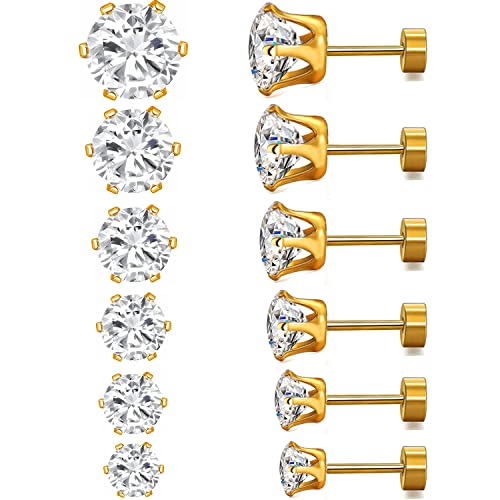 VOLUKA Cubic Zirconia Stainless Steel Screw Flat Back Earring - Hypoallergenic Stud Earrings for Women & Men - 316L Titanium CZ Stud Earrings for Nickel-Free, Trendy & Elegant - color: 6 Pairs- 3-8mm Flat Back-Gold