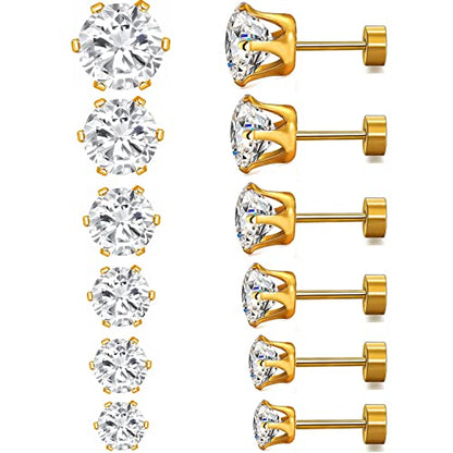 VOLUKA Cubic Zirconia Stainless Steel Screw Flat Back Earring - Hypoallergenic Stud Earrings for Women & Men - 316L Titanium CZ Stud Earrings for Nickel-Free, Trendy & Elegant - color: 6 Pairs- 3-8mm Flat Back-Gold