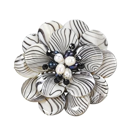 AeraVida Wild & Stylish Black & White Pearls with Painted Stripes on Mother of Pearl Seashell Floral Brooch Pin for Retro Zebra or Animal Print Inspired Fashion Accessories