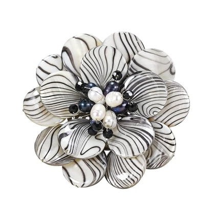AeraVida Wild & Stylish Black & White Pearls with Painted Stripes on Mother of Pearl Seashell Floral Brooch Pin for Retro Zebra or Animal Print Inspired Fashion Accessories