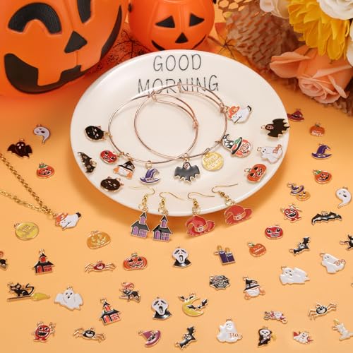 100Pcs 50 Pairs Halloween Charms for Jewelry Making and Bracelets, Gold Enamel Jewelry Pendants for Halloween Earring Bracelet Necklace Craft Making - style: Halloween Charms