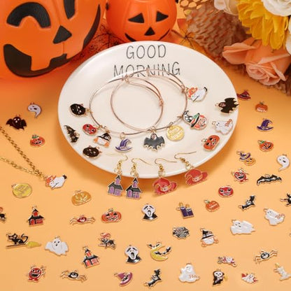 100Pcs 50 Pairs Halloween Charms for Jewelry Making and Bracelets, Gold Enamel Jewelry Pendants for Halloween Earring Bracelet Necklace Craft Making - style: Halloween Charms