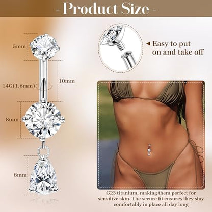 14G G23 Titanium Dangle Belly Button Ring for Women Dangling Belly Rings CZ Butterfly Teardrop Navel Rings Internally Threaded Curved Barbell Navel Piercing Jewelry - color: Silver-3