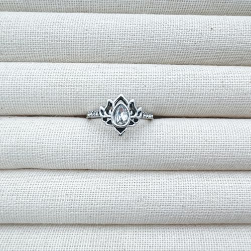 Lotus Ring for Women - Zircon Inlaid Flower Promise Ring - My Trauma Inspirational Statement Floral Jewelry Gift - color: white