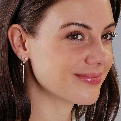 Threader Pearl Earrings for Women - Long Dangle with Simulated Pearls | Plated in Gold Tone or Silver Tone - color: Single Simulated Pearl - 925 Sterling Silver Plated
