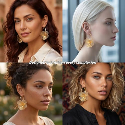 Dangle Flower Gold Earrings for Women, Trendy Statement Hoop Earrings, Gold Floral Drop Earrings Jewelry for Gifts - color: golden flower