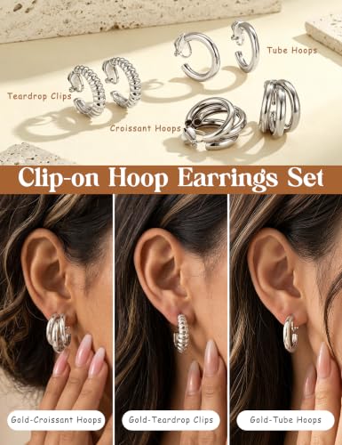 Giovanchi 3Pairs Clip on Earrings for Women with Non-Pierced Ears - Trendy Hypoallergenic 14K Gold Plated Chunky Tube Croissant Waterdrop Clip on Hoop Earrings - style: D-Silver
