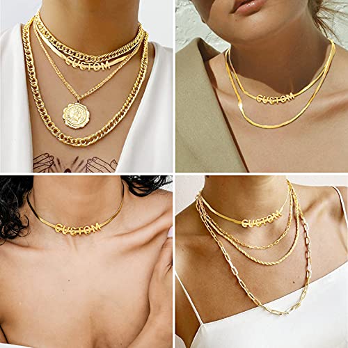 ChainsHouse Flat Snake Chain Herringbone Choker Necklace for Women, Stainless Steel/Rose Gold/18K Gold Plated Dainty Adjustable Simple Short Layered Necklaces, 12"/15"/18" with 3.5" Extender - color: c. 14k gold plated-5mm-custom