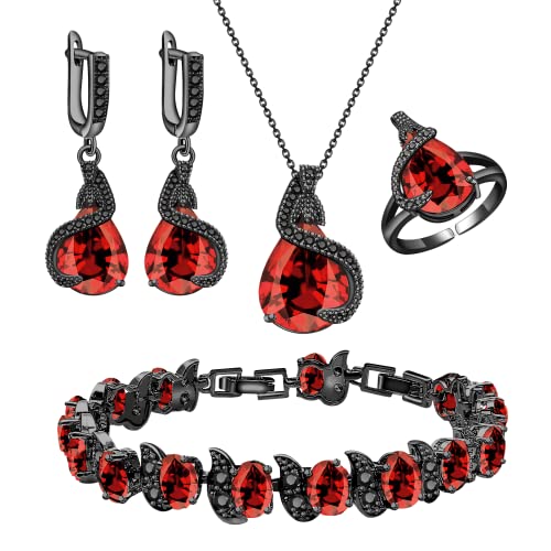 GZWHD Jewelry Set for Women Water Drop Cubic Zirconia Artificial Crystal Earrings Pendant Necklace Open Ring Tennis Bracelet Wedding Anniversary Birthday Engagement Gift for Bridesmaid Wife Girlfriend Friend - color: Black Gun-Garnet