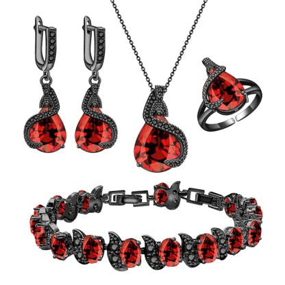 GZWHD Jewelry Set for Women Water Drop Cubic Zirconia Artificial Crystal Earrings Pendant Necklace Open Ring Tennis Bracelet Wedding Anniversary Birthday Engagement Gift for Bridesmaid Wife Girlfriend Friend - color: Black Gun-Garnet