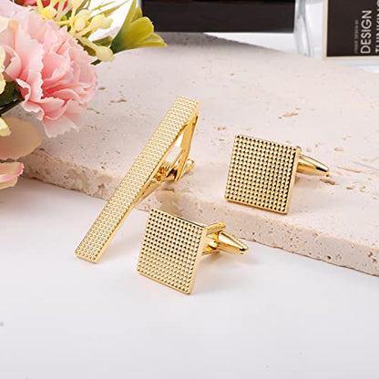 HAWSON Metal Cufflinks and Tie Clip Set for Men Novelty Cuff Links and Tie Bar Gifts for Wedding Level,Football, Musical Symbols Designs - color: Gold Squares Ridged set