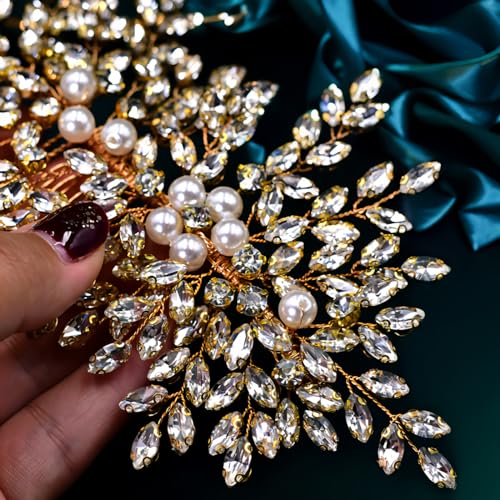 Crystal Wedding Hair Comb Bridal Hair Accessories Pearl and Rhinestone Bridal Side Combs for Women and Girls (Gold) - color: Gold
