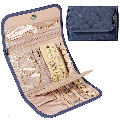 BELALIFE Travel Jewelry Case, Jewelry Organizer Roll for Accessories | Bag with foldable roll design for earrings, necklaces, rings, bracelets and brooches, Blue-Gray - color: Blue-Gray, size: Medium