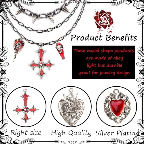 Giata11 Pcs Large Gothic Style Black Cross Skull Tombstone Heart Pendants Goth Halloween Charms for Jewelry Pendants Making DIY Craft Supplies - color: Red