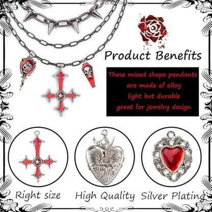 Giata11 Pcs Large Gothic Style Black Cross Skull Tombstone Heart Pendants Goth Halloween Charms for Jewelry Pendants Making DIY Craft Supplies - color: Red