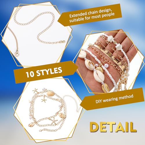 Lenwen 10 Pcs Summer Beach Belly Chain Adjustable Waist Multi Layered Chain Waist Jewelry for Women Girls Multilayer Body - color: Gold, style: Elegant Style
