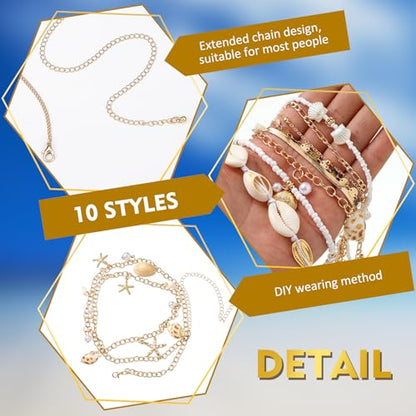 Lenwen 10 Pcs Summer Beach Belly Chain Adjustable Waist Multi Layered Chain Waist Jewelry for Women Girls Multilayer Body - color: Gold, style: Elegant Style