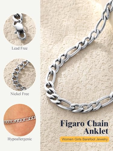 U7 Ankle Bracelets for Women Stainless Steel Waterproof Tarnish Resistant | 18K Gold Plated/Silver/Rose Gold Anklets, Cuban Chain Anklet Bracelets, Perfect for Summer Beach and Vacation Outfits - color: Stainless Steel-5mm-Figaro Chain
