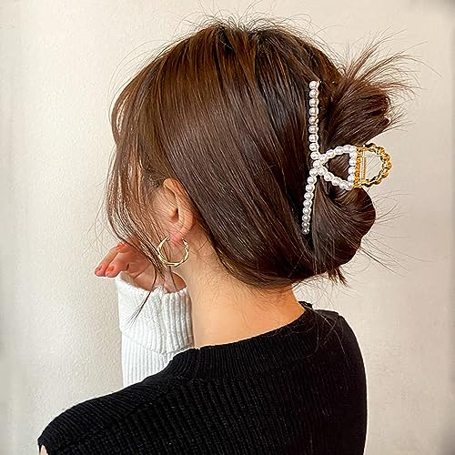 Metal Hair Clips Imitation Pearl Rhinestone Non Slip Hair Claw Clamps Barrettes Decorations for Thin Thick Hair, Crystal Bow Hairpin for Women Ladies(2 Pack)