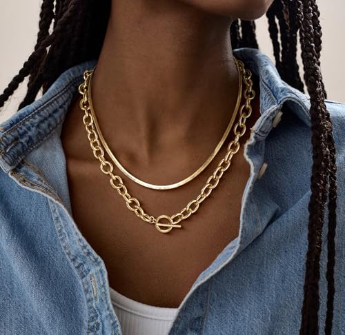CHESKY 14K Gold Plated Chunky Necklace for Women, Trendy Toggle Clasp | Statement Pendant Necklace, Layered Paperclip Chain, Toggle Clasp Design, Thick Gold Chain, Non Tarnish Everyday Jewelry - color: gold, style: paperclip+herringbone