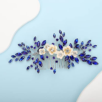 Bridal White Flower Blue Crystal Rhinestone Hair Comb for Bride Bridesmaid Sliding side Headpieces Wedding Hair Accessories for Women and Girls (Blue) - color: Blue