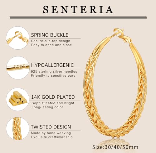 Senteria 925 Sterling Silver Post Twisted Hoop Earrings for Women 30-50MM | Hypoallergenic Large Silver Hoop Earrings for Women,Lightweight Thick Weave Braid Hoops,Nickel Lead-Free for Sensitive Ears - color: 40MM Gold