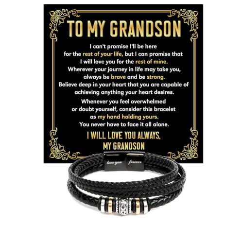 To My GrandSon Bracelet – Love You Forever Braided Leather Bracelet, Meaningful GrandSon Gift from Grandpa & Grandma with Heartfelt Message Card & Elegant Gift Box for Birthday, Christmas - color: Version#1