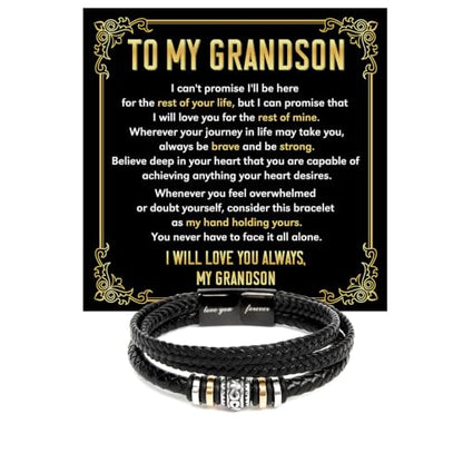 To My GrandSon Bracelet – Love You Forever Braided Leather Bracelet, Meaningful GrandSon Gift from Grandpa & Grandma with Heartfelt Message Card & Elegant Gift Box for Birthday, Christmas - color: Version#1