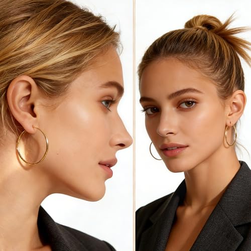 5/8 Pairs Gold Silver Hoop Earrings for Women Stainless Steel Jewelry Set | 30 40 50 60 70 mm, 14K Gold Plated Stainless Steel, Hypoallergenic, Lightweight, Thin, Small Medium Large Dangle - color: 5 Pair/Gold (30/40/50/60/70mm)
