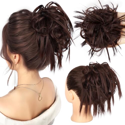 HMD Tousled Updo Messy Bun Hairpiece Hair Extension Ponytail for Women | Synthetic Hair Bun Extension with Elastic Rubber Band, Tousled Updo Messy Bun Hairpiece for Ponytail Styles Daily Party - color: Dark Medium Auburn